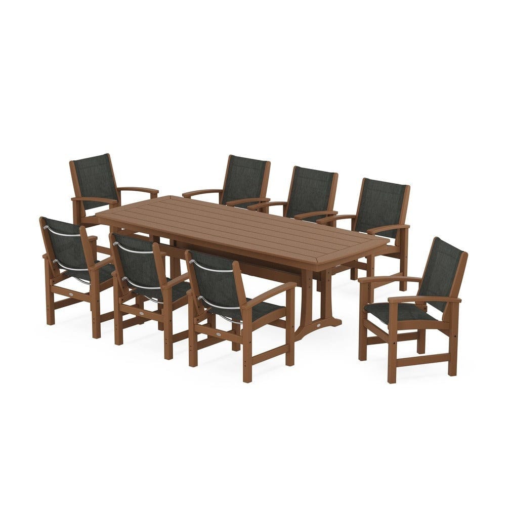 POLYWOOD® Outdoor Furniture Teak / Ember Sling POLYWOOD® - Coastal 9-Piece Dining Set with Trestle Legs - PWS1502