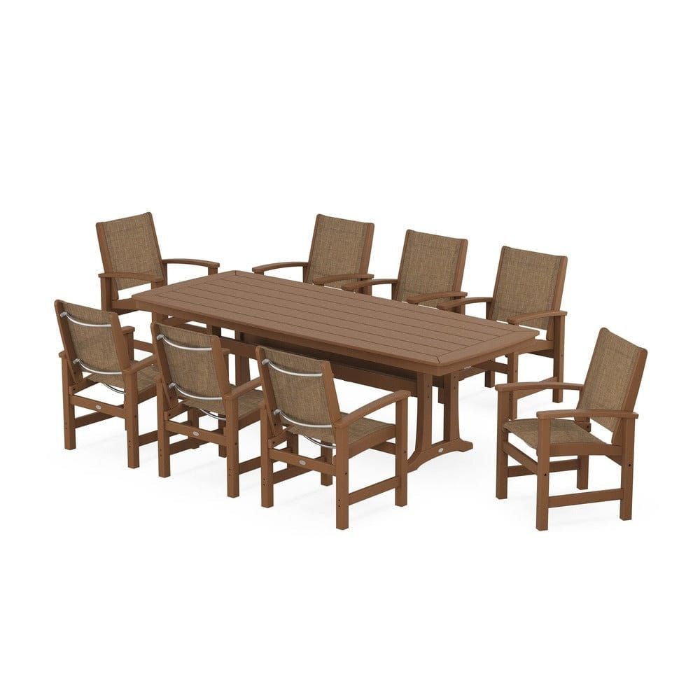 POLYWOOD® Outdoor Furniture Teak / Burlap Sling POLYWOOD® - Coastal 9-Piece Dining Set with Trestle Legs - PWS1502