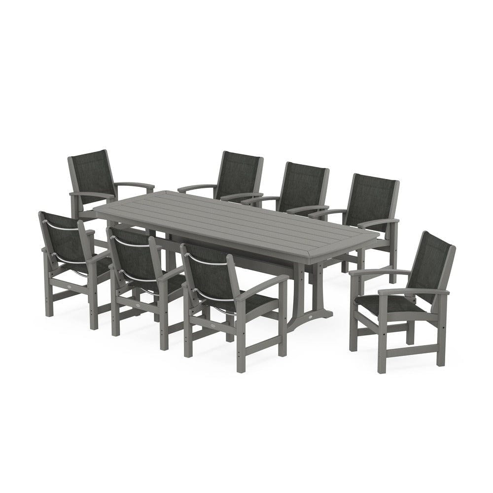 POLYWOOD® Outdoor Furniture Slate Grey / Ember Sling POLYWOOD® - Coastal 9-Piece Dining Set with Trestle Legs - PWS1502