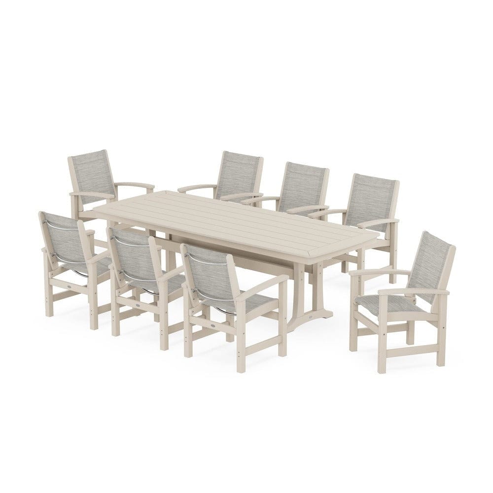 POLYWOOD® Outdoor Furniture Sand / Birch Sling POLYWOOD® - Coastal 9-Piece Dining Set with Trestle Legs - PWS1502