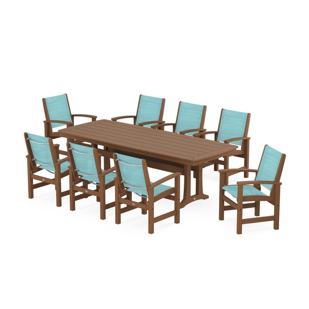 POLYWOOD® Outdoor Furniture Teak / Dupioni Aquamarine Sling POLYWOOD® - Coastal 9-Piece Dining Set with Trestle Legs - PWS1502