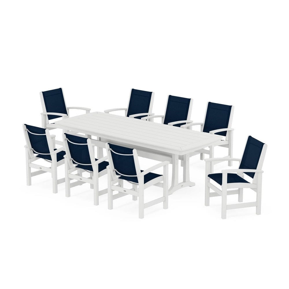 POLYWOOD® Outdoor Furniture White / Navy Blue Sling POLYWOOD® - Coastal 9-Piece Dining Set with Trestle Legs - PWS1502