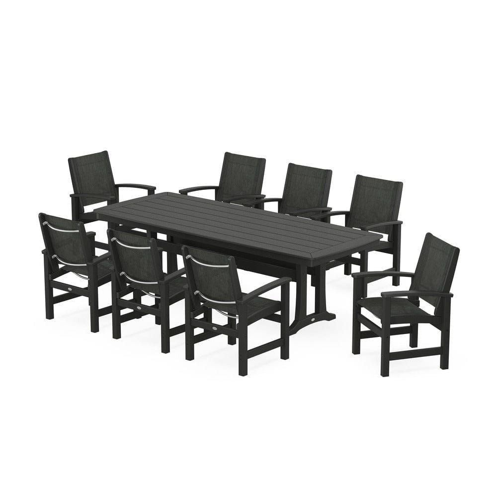 POLYWOOD® Outdoor Furniture Black / Ember Sling POLYWOOD® - Coastal 9-Piece Dining Set with Trestle Legs - PWS1502