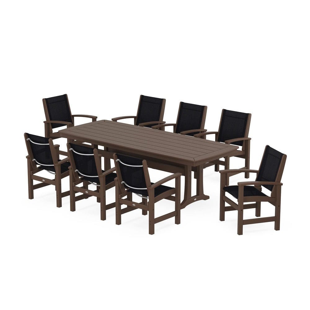 POLYWOOD® Outdoor Furniture Mahogany / Black Sling POLYWOOD® - Coastal 9-Piece Dining Set with Trestle Legs - PWS1502