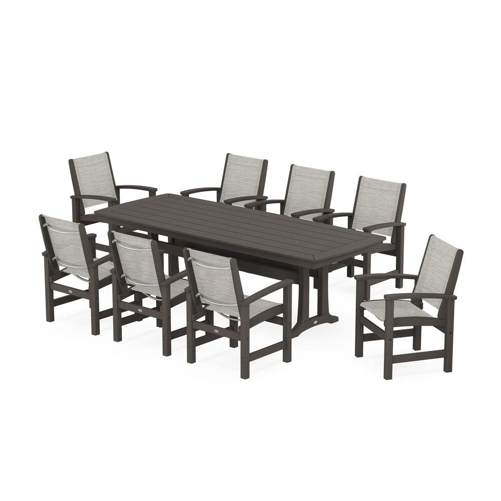 POLYWOOD® Outdoor Furniture Vintage Coffee / Birch Sling POLYWOOD® - Coastal 9-Piece Dining Set with Trestle Legs - PWS1502