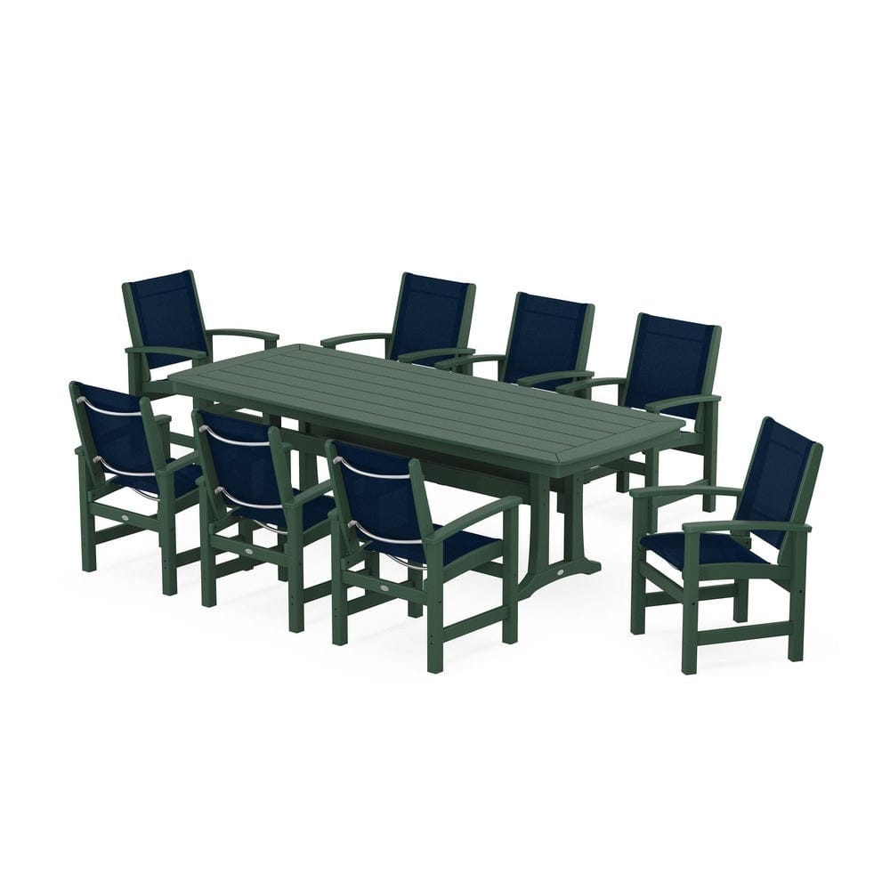 POLYWOOD® Outdoor Furniture Green / Navy Blue Sling POLYWOOD® - Coastal 9-Piece Dining Set with Trestle Legs - PWS1502