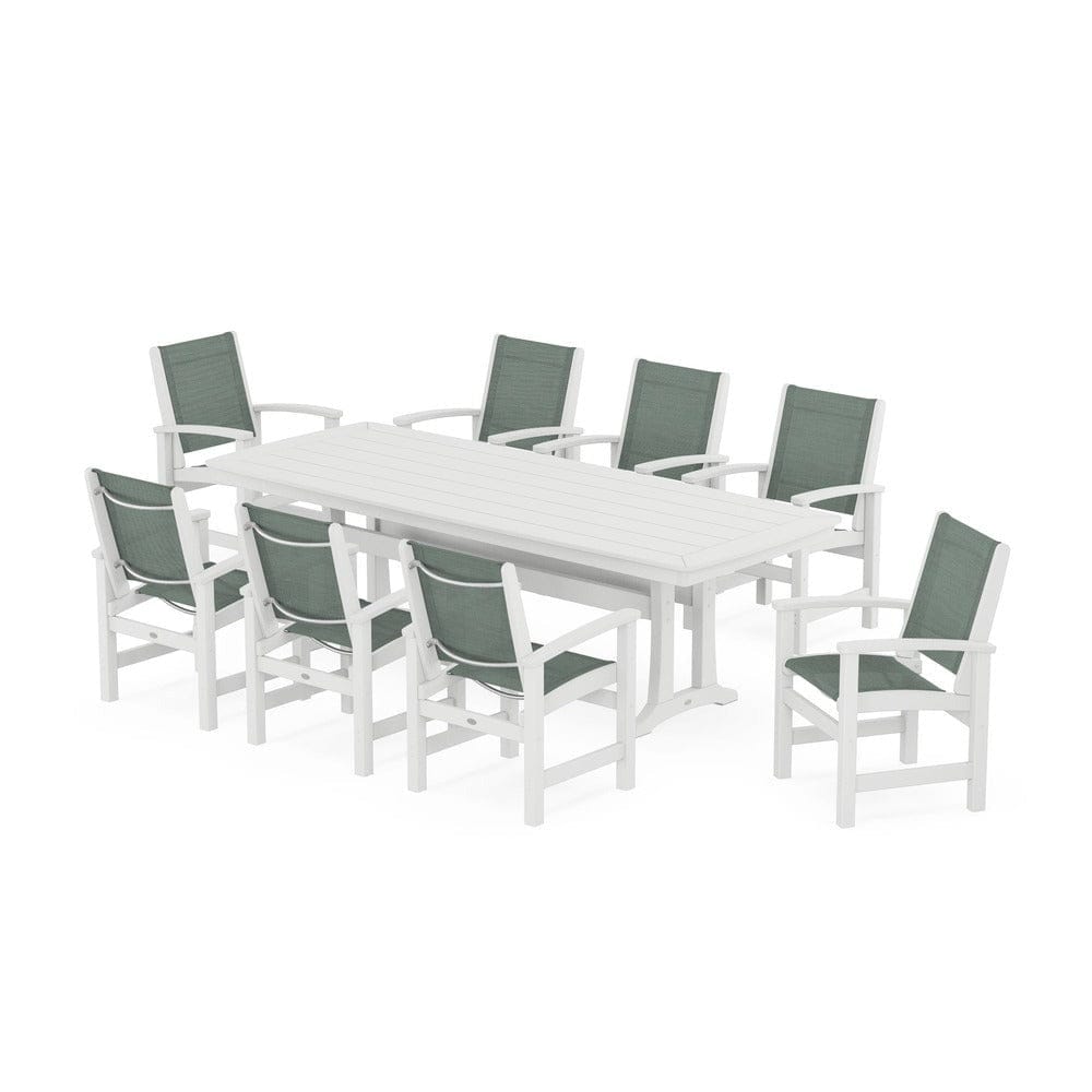 POLYWOOD® Outdoor Furniture White / Dupioni Sea Mist Sling POLYWOOD® - Coastal 9-Piece Dining Set with Trestle Legs - PWS1502