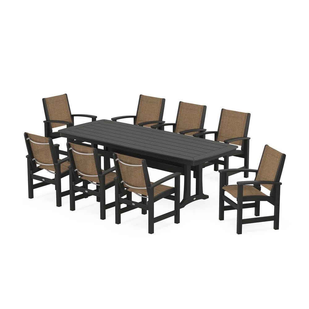 POLYWOOD® Outdoor Furniture Black / Burlap Sling POLYWOOD® - Coastal 9-Piece Dining Set with Trestle Legs - PWS1502