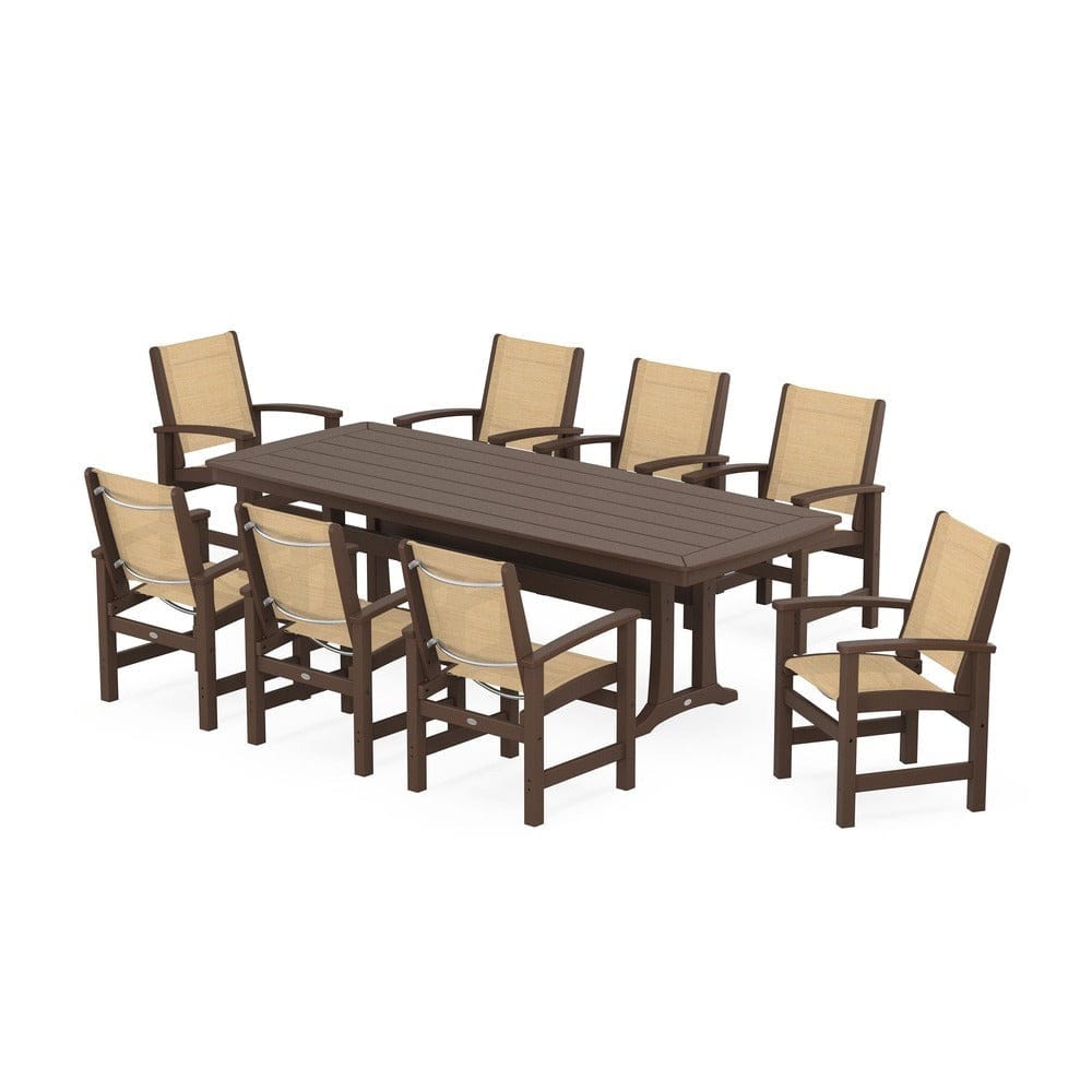 POLYWOOD® Outdoor Furniture Mahogany / Dupioni Apricot Sling POLYWOOD® - Coastal 9-Piece Dining Set with Trestle Legs - PWS1502