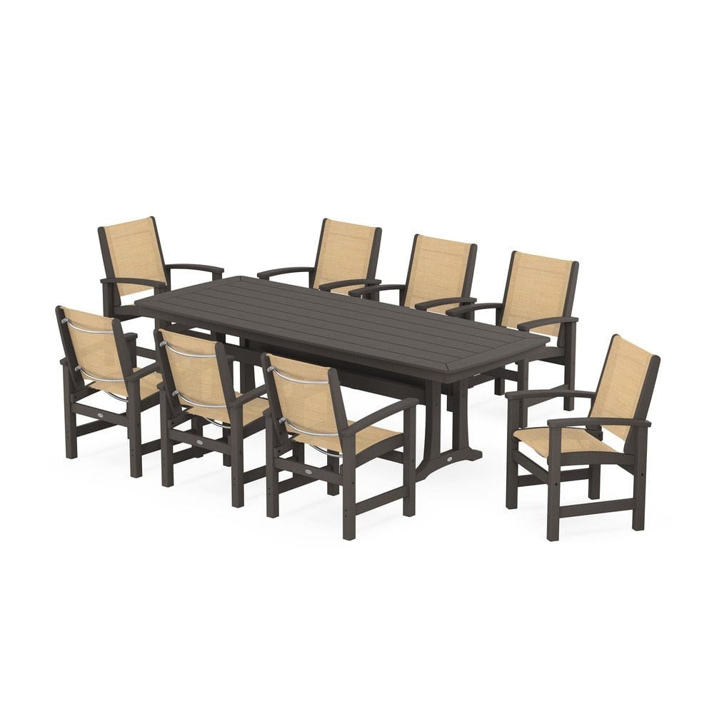 POLYWOOD® Outdoor Furniture Vintage Coffee / Dupioni Apricot Sling POLYWOOD® - Coastal 9-Piece Dining Set with Trestle Legs - PWS1502