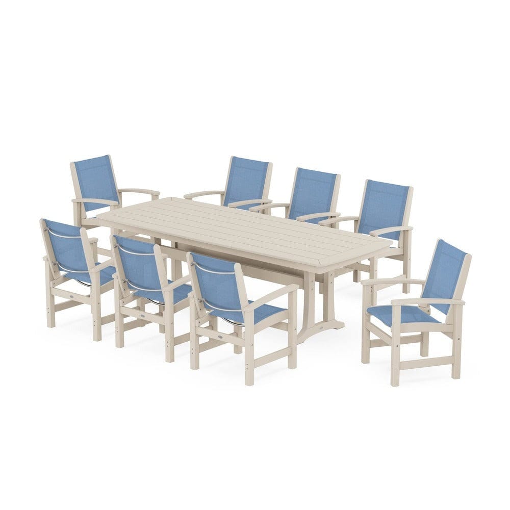 POLYWOOD® Outdoor Furniture Sand / Poolside Sling POLYWOOD® - Coastal 9-Piece Dining Set with Trestle Legs - PWS1502