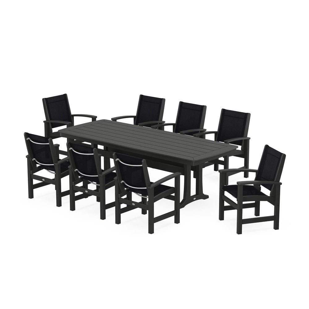 POLYWOOD® Outdoor Furniture Black / Black Sling POLYWOOD® - Coastal 9-Piece Dining Set with Trestle Legs - PWS1502