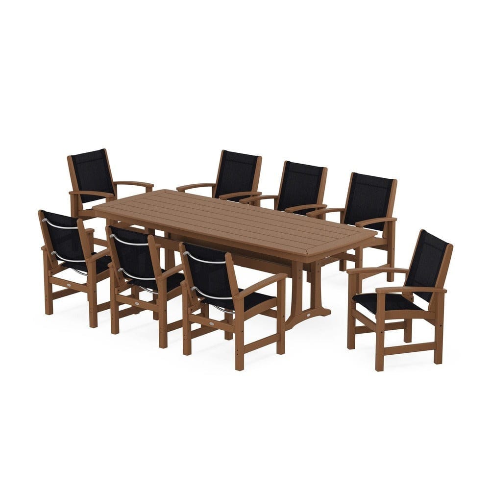 POLYWOOD® Outdoor Furniture Teak / Black Sling POLYWOOD® - Coastal 9-Piece Dining Set with Trestle Legs - PWS1502