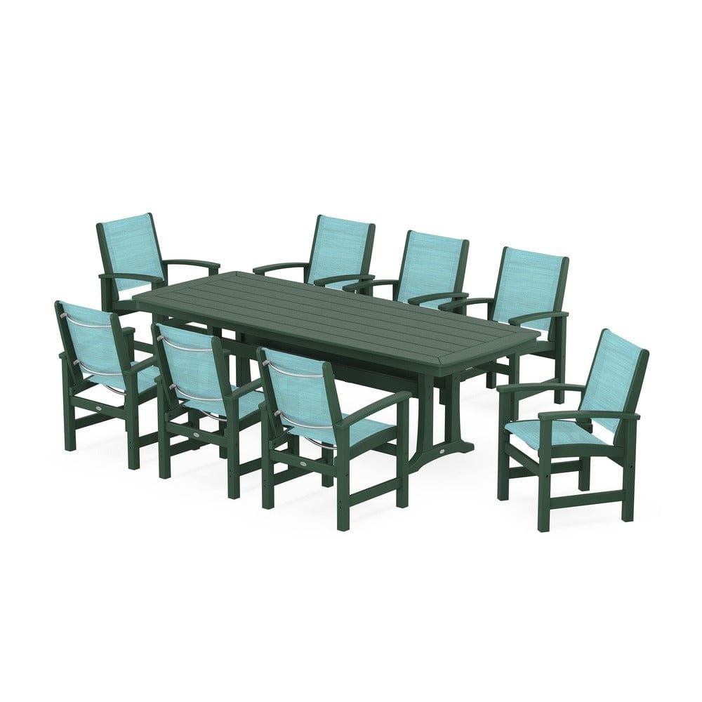 POLYWOOD® Outdoor Furniture Green / Dupioni Aquamarine Sling POLYWOOD® - Coastal 9-Piece Dining Set with Trestle Legs - PWS1502