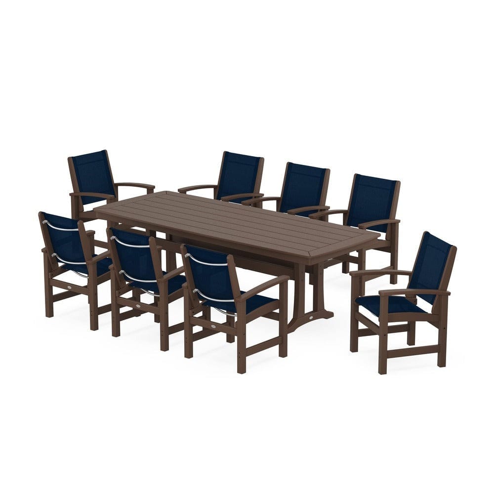 POLYWOOD® Outdoor Furniture Mahogany / Navy Blue Sling POLYWOOD® - Coastal 9-Piece Dining Set with Trestle Legs - PWS1502