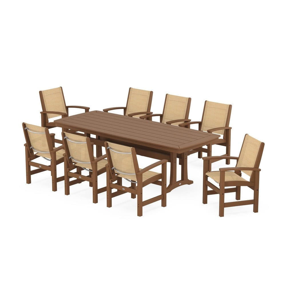 POLYWOOD® Outdoor Furniture Teak / Dupioni Apricot Sling POLYWOOD® - Coastal 9-Piece Dining Set with Trestle Legs - PWS1502