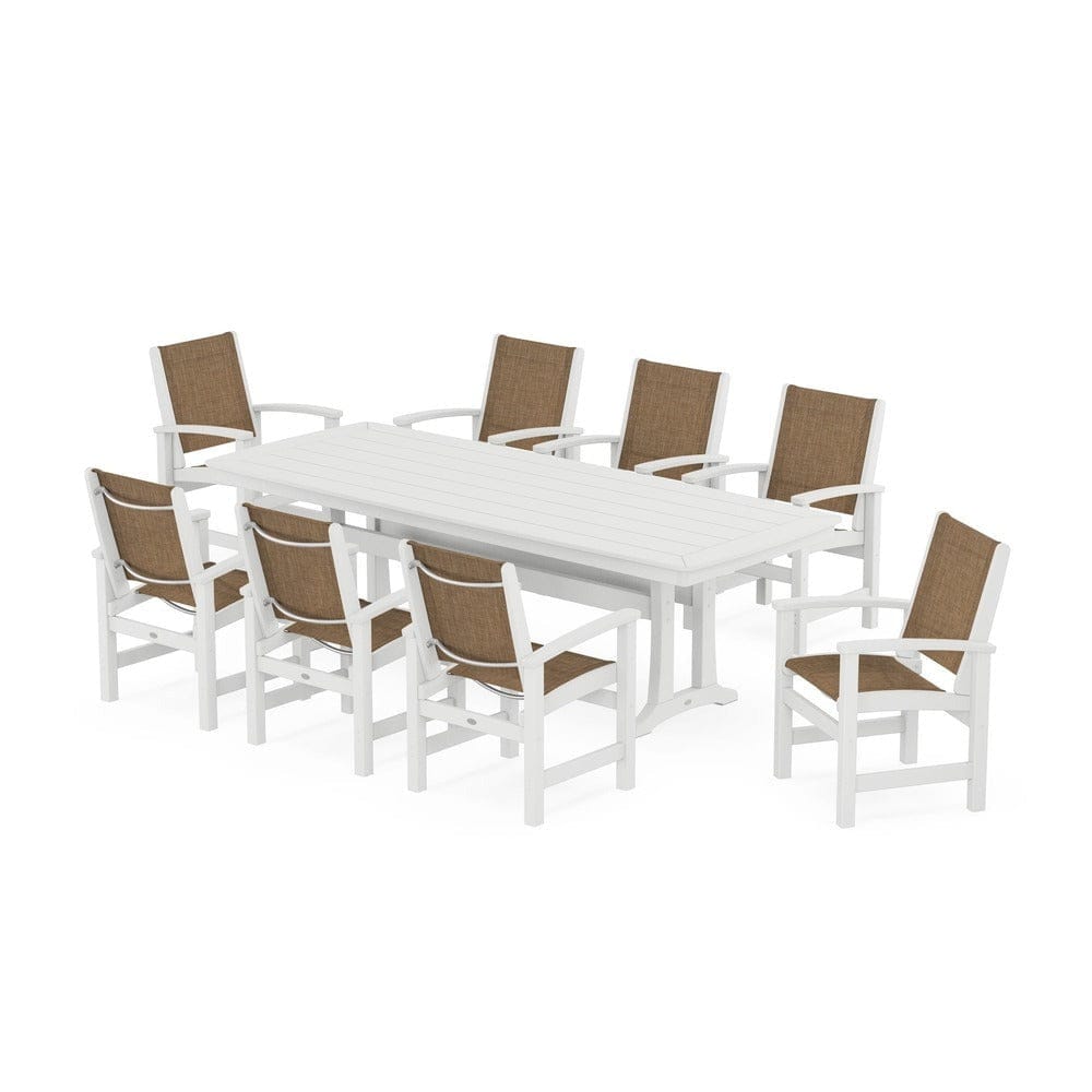 POLYWOOD® Outdoor Furniture White / Burlap Sling POLYWOOD® - Coastal 9-Piece Dining Set with Trestle Legs - PWS1502