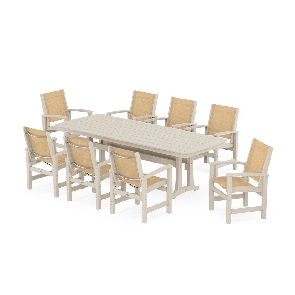 POLYWOOD® Outdoor Furniture Sand / Dupioni Apricot Sling POLYWOOD® - Coastal 9-Piece Dining Set with Trestle Legs - PWS1502