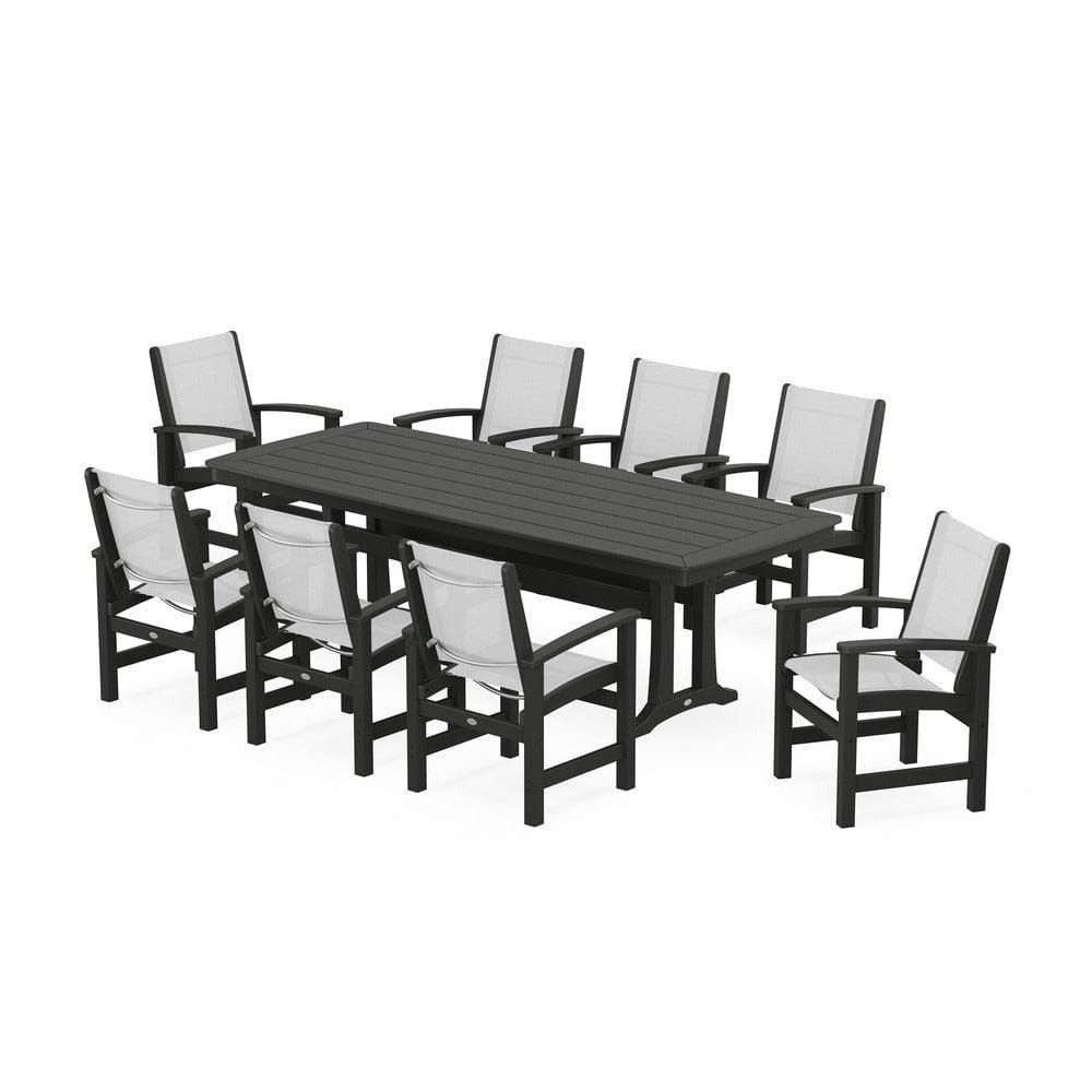 POLYWOOD® Outdoor Furniture Black / White Sling POLYWOOD® - Coastal 9-Piece Dining Set with Trestle Legs - PWS1502