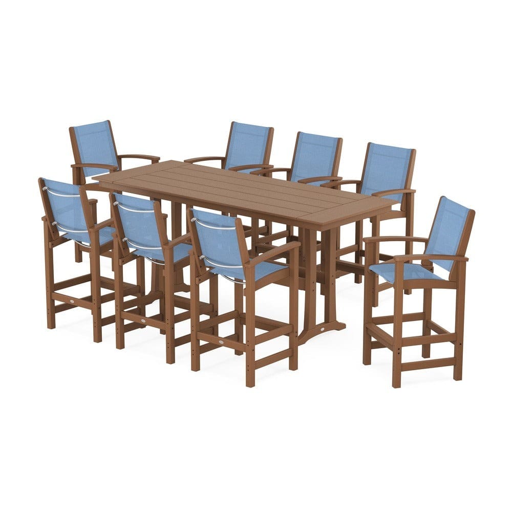 POLYWOOD® Outdoor Furniture Teak / Poolside Sling POLYWOOD® - Coastal 9-Piece Farmhouse Bar Set with Trestle Legs - PWS1915