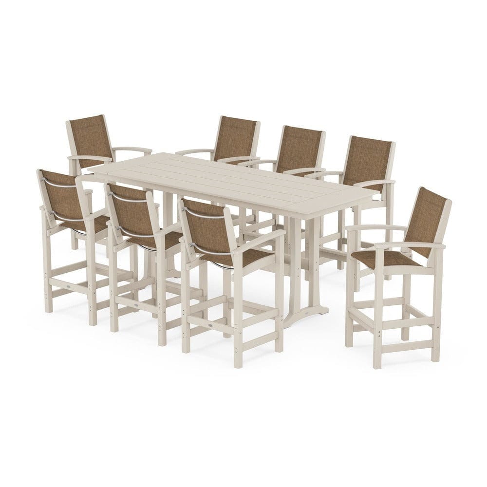 POLYWOOD® Outdoor Furniture Sand / Burlap Sling POLYWOOD® - Coastal 9-Piece Farmhouse Bar Set with Trestle Legs - PWS1915