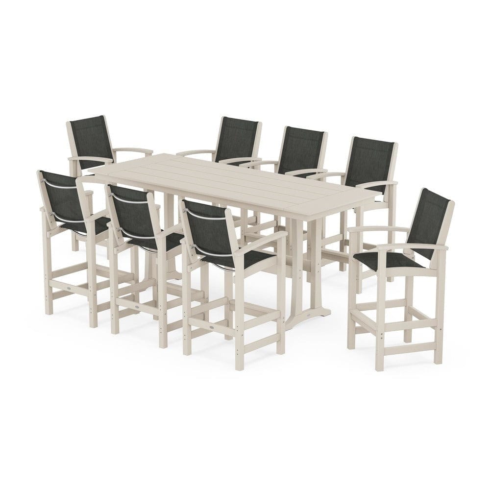 POLYWOOD® Outdoor Furniture Sand / Ember Sling POLYWOOD® - Coastal 9-Piece Farmhouse Bar Set with Trestle Legs - PWS1915