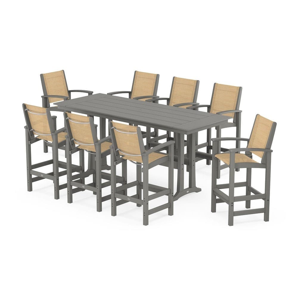 POLYWOOD® Outdoor Furniture Slate Grey / Dupioni Apricot Sling POLYWOOD® - Coastal 9-Piece Farmhouse Bar Set with Trestle Legs - PWS1915