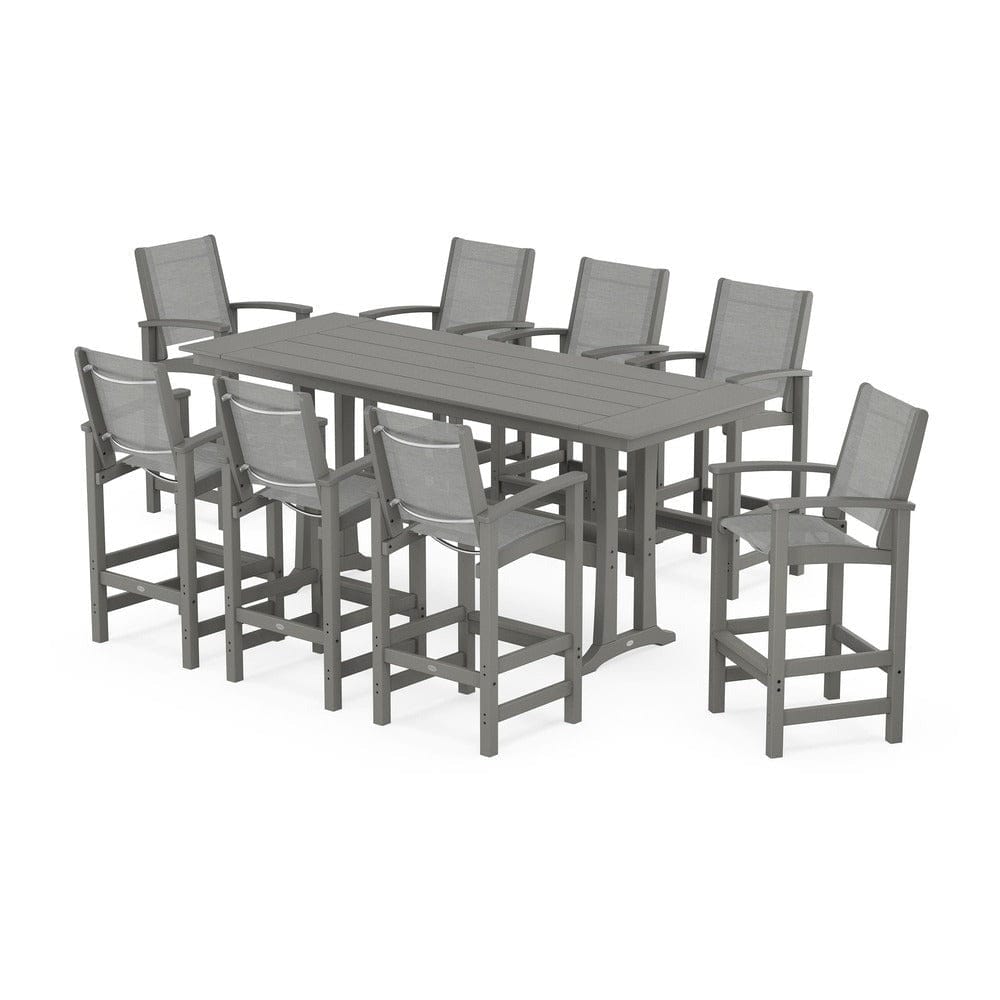 POLYWOOD® Outdoor Furniture Slate Grey / Metallic Sling POLYWOOD® - Coastal 9-Piece Farmhouse Bar Set with Trestle Legs - PWS1915