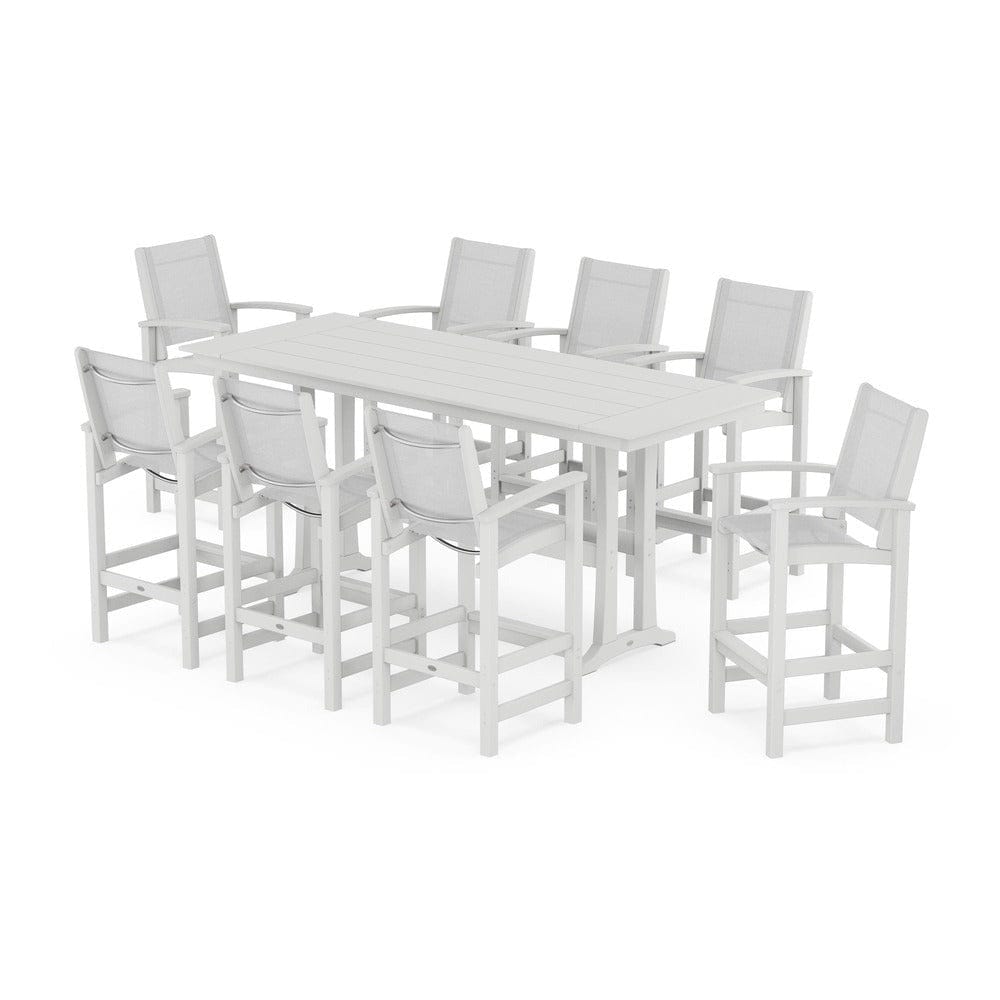 POLYWOOD® Outdoor Furniture White / White Sling POLYWOOD® - Coastal 9-Piece Farmhouse Bar Set with Trestle Legs - PWS1915