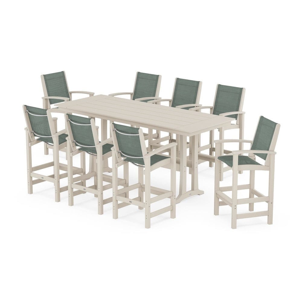 POLYWOOD® Outdoor Furniture Sand / Dupioni Sea Mist Sling POLYWOOD® - Coastal 9-Piece Farmhouse Bar Set with Trestle Legs - PWS1915