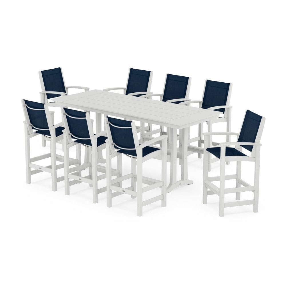 POLYWOOD® Outdoor Furniture White / Navy Blue Sling POLYWOOD® - Coastal 9-Piece Farmhouse Bar Set with Trestle Legs - PWS1915