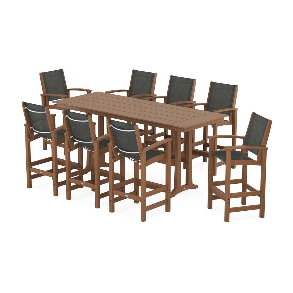 POLYWOOD® Outdoor Furniture Teak / Ember Sling POLYWOOD® - Coastal 9-Piece Farmhouse Bar Set with Trestle Legs - PWS1915