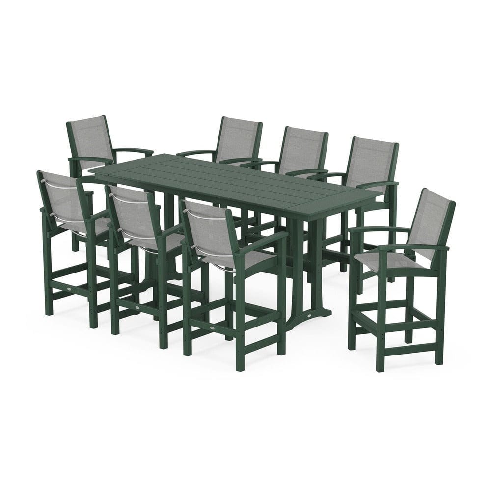POLYWOOD® Outdoor Furniture Green / Metallic Sling POLYWOOD® - Coastal 9-Piece Farmhouse Bar Set with Trestle Legs - PWS1915