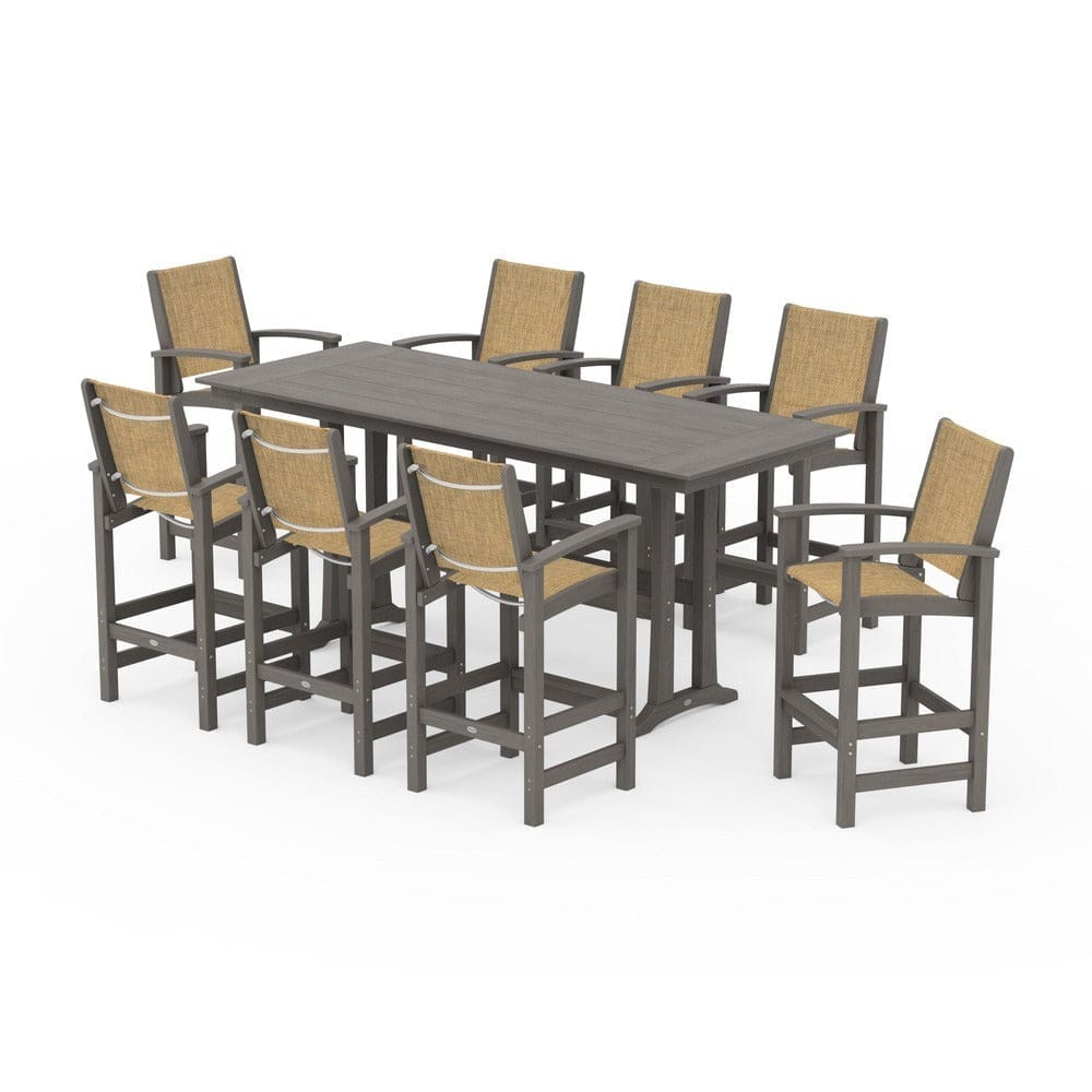 POLYWOOD® Outdoor Furniture POLYWOOD® - Coastal 9-Piece Farmhouse Bar Set with Trestle Legs - PWS1915