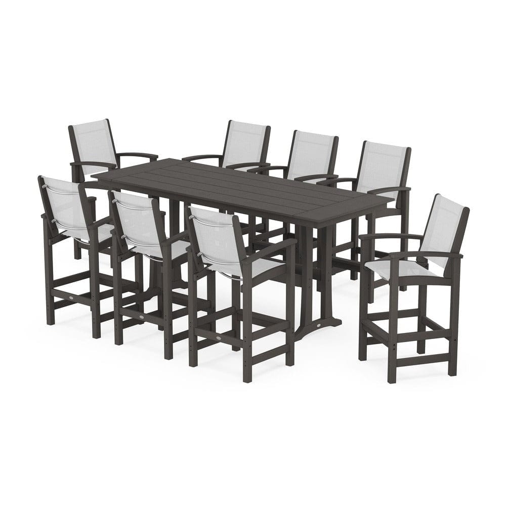POLYWOOD® Outdoor Furniture Vintage Coffee / White Sling POLYWOOD® - Coastal 9-Piece Farmhouse Bar Set with Trestle Legs - PWS1915