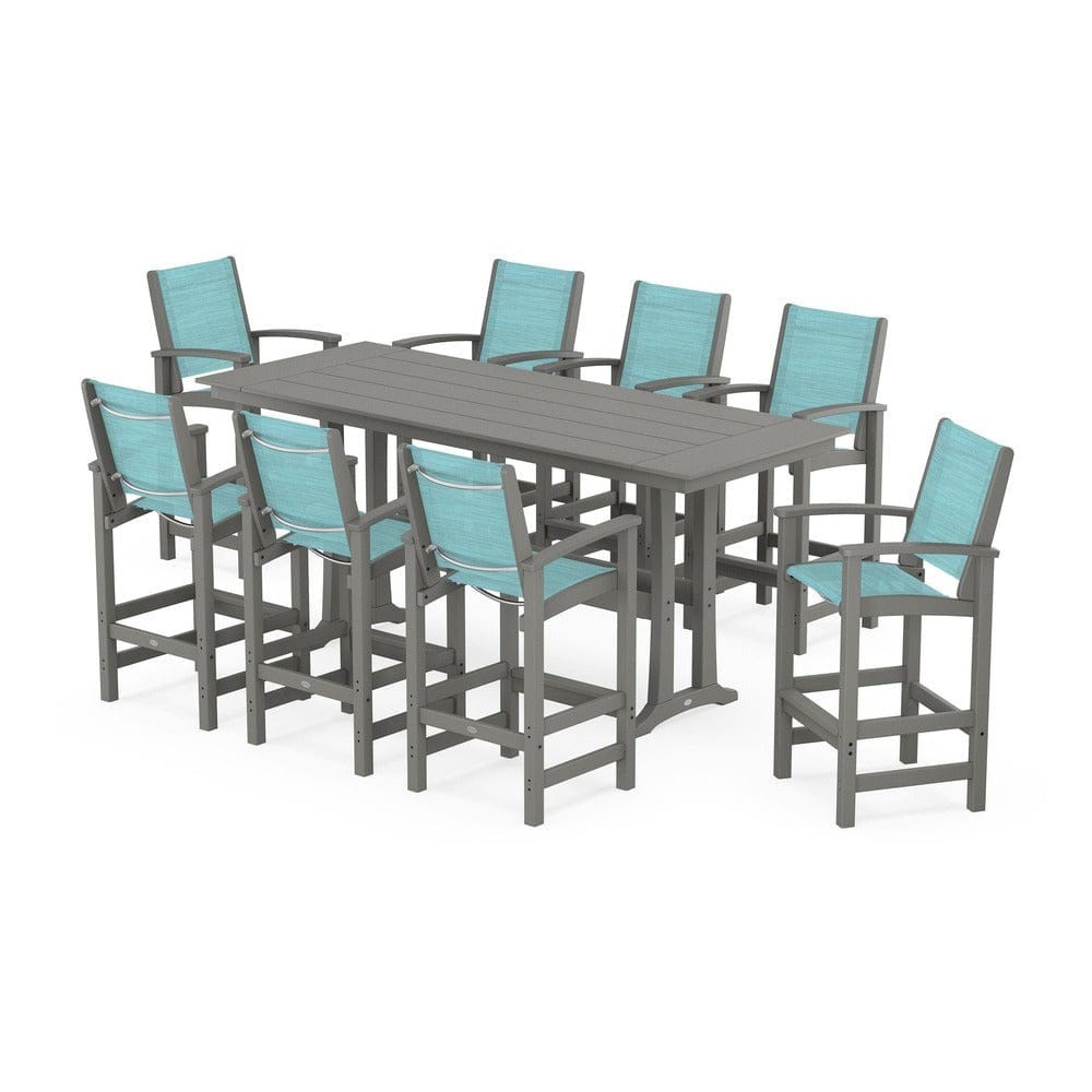POLYWOOD® Outdoor Furniture Slate Grey / Dupioni Aquamarine Sling POLYWOOD® - Coastal 9-Piece Farmhouse Bar Set with Trestle Legs - PWS1915