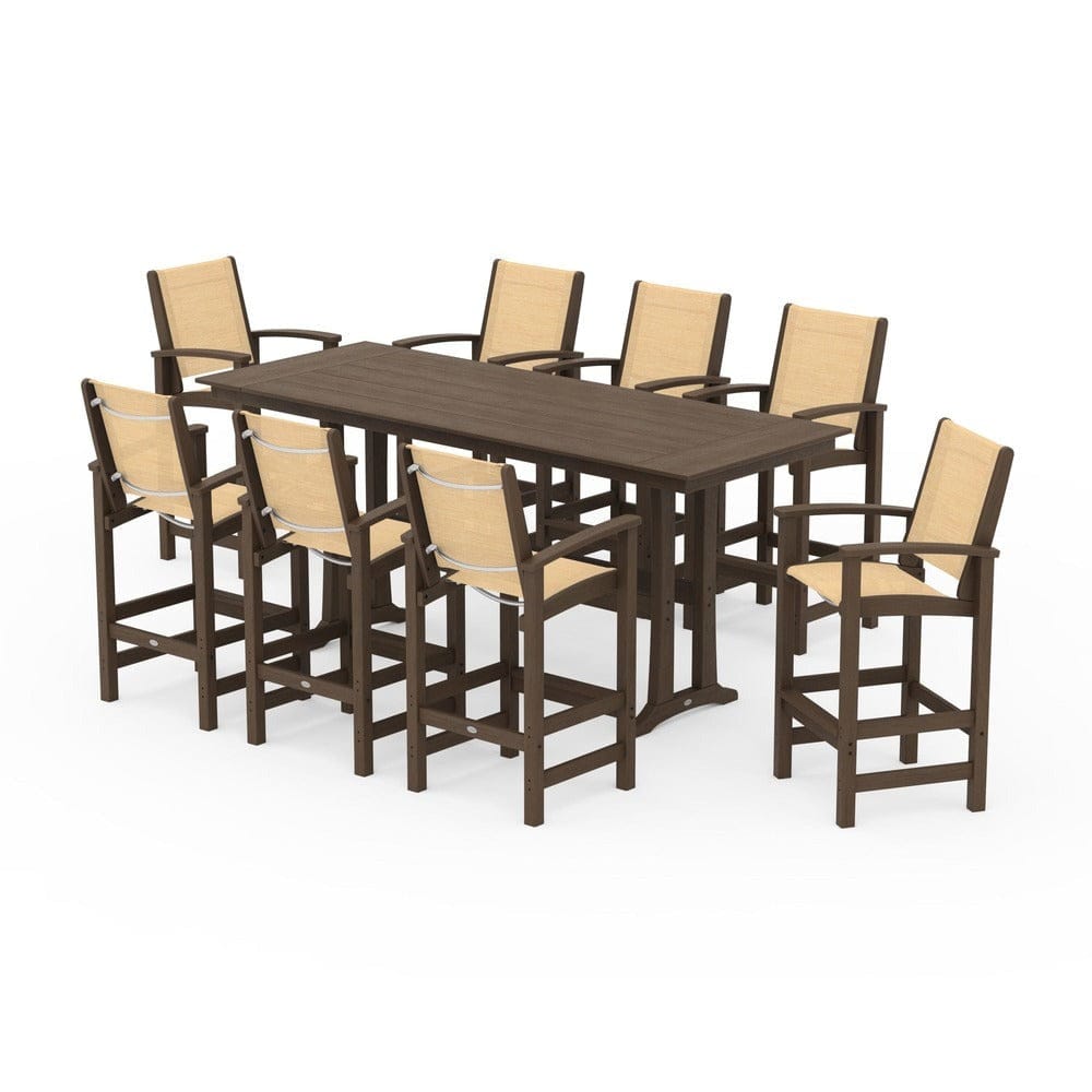 POLYWOOD® Outdoor Furniture POLYWOOD® - Coastal 9-Piece Farmhouse Bar Set with Trestle Legs - PWS1915