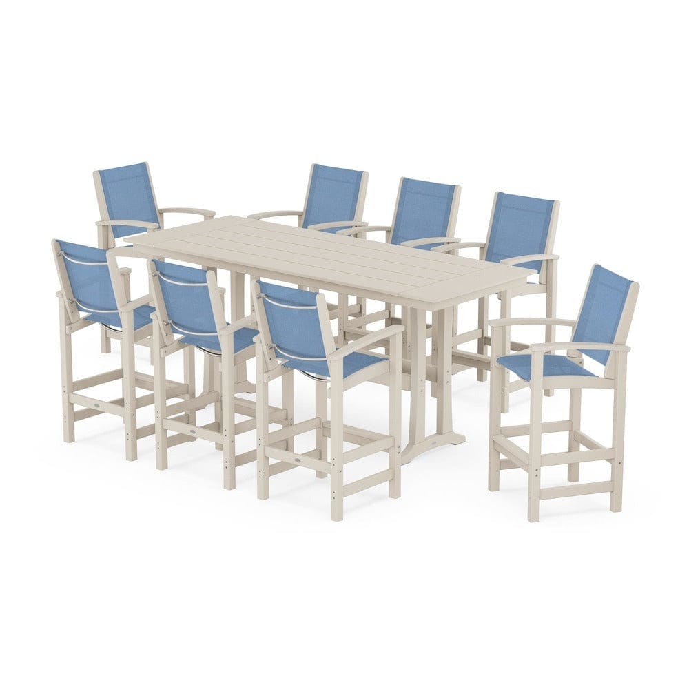 POLYWOOD® Outdoor Furniture Sand / Poolside Sling POLYWOOD® - Coastal 9-Piece Farmhouse Bar Set with Trestle Legs - PWS1915