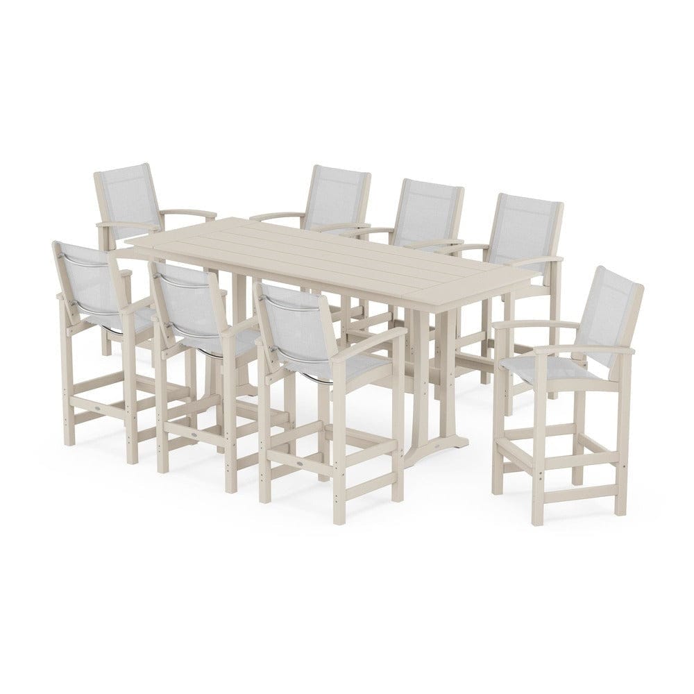 POLYWOOD® Outdoor Furniture Sand / White Sling POLYWOOD® - Coastal 9-Piece Farmhouse Bar Set with Trestle Legs - PWS1915