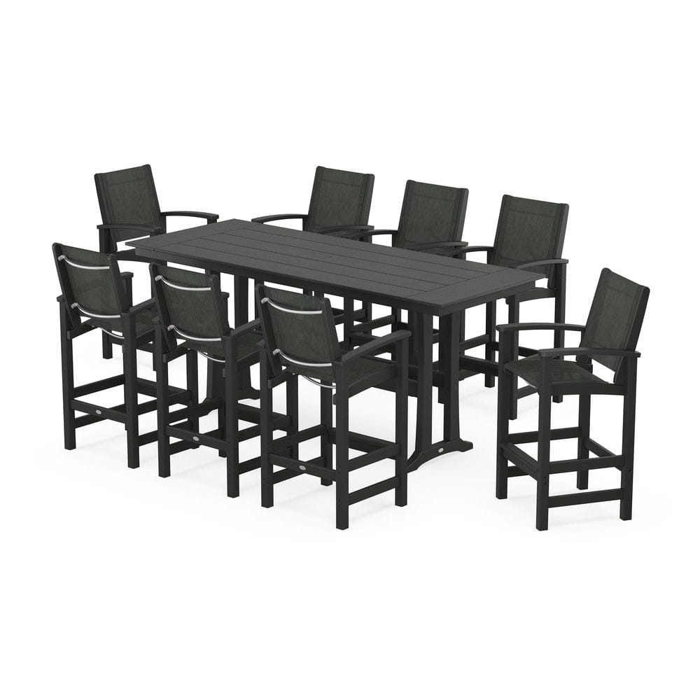 POLYWOOD® Outdoor Furniture Black / Ember Sling POLYWOOD® - Coastal 9-Piece Farmhouse Bar Set with Trestle Legs - PWS1915