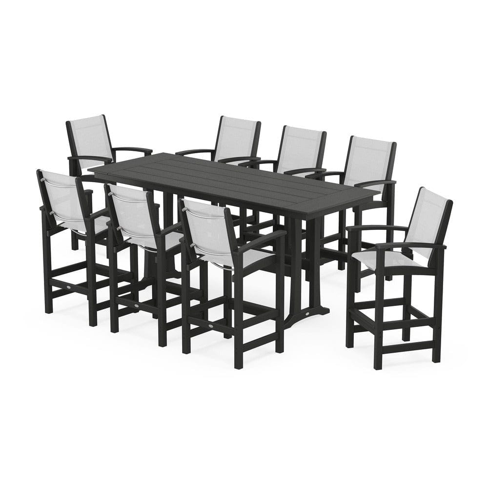 POLYWOOD® Outdoor Furniture Black / White Sling POLYWOOD® - Coastal 9-Piece Farmhouse Bar Set with Trestle Legs - PWS1915