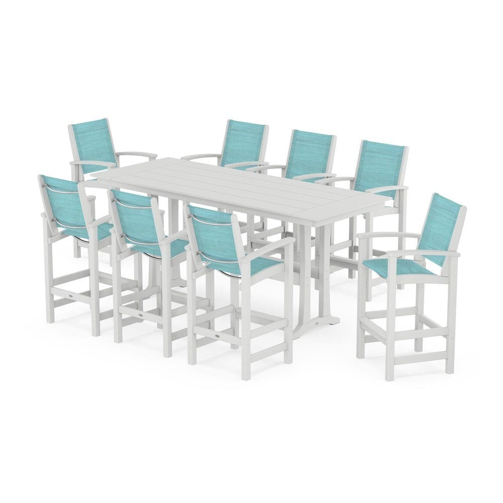 POLYWOOD® Outdoor Furniture White / Dupioni Aquamarine Sling POLYWOOD® - Coastal 9-Piece Farmhouse Bar Set with Trestle Legs - PWS1915