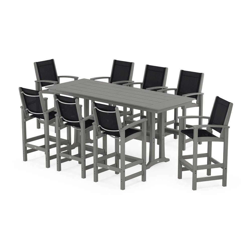 POLYWOOD® Outdoor Furniture Slate Grey / Black Sling POLYWOOD® - Coastal 9-Piece Farmhouse Bar Set with Trestle Legs - PWS1915