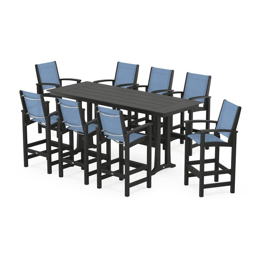 POLYWOOD® Outdoor Furniture Black / Poolside Sling POLYWOOD® - Coastal 9-Piece Farmhouse Bar Set with Trestle Legs - PWS1915