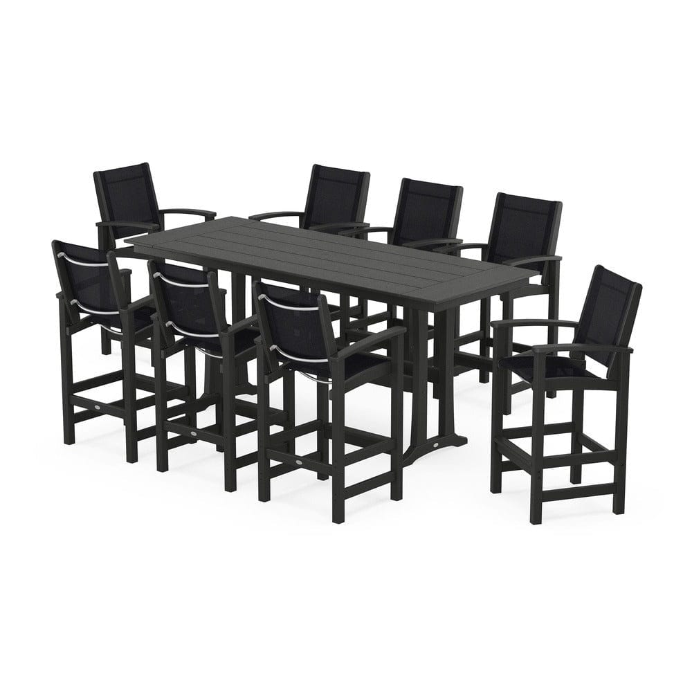 POLYWOOD® Outdoor Furniture Black / Black Sling POLYWOOD® - Coastal 9-Piece Farmhouse Bar Set with Trestle Legs - PWS1915