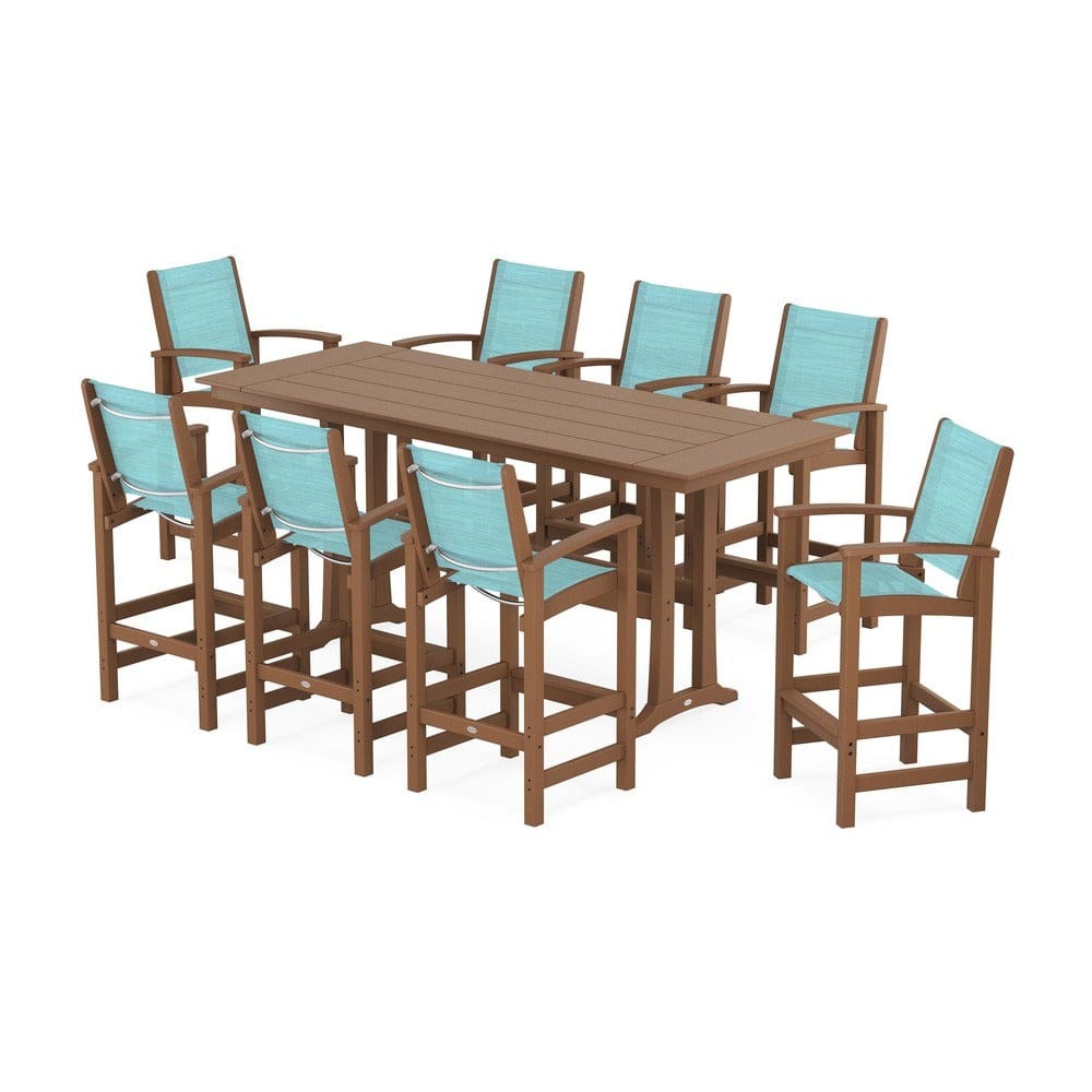 POLYWOOD® Outdoor Furniture Teak / Dupioni Aquamarine Sling POLYWOOD® - Coastal 9-Piece Farmhouse Bar Set with Trestle Legs - PWS1915