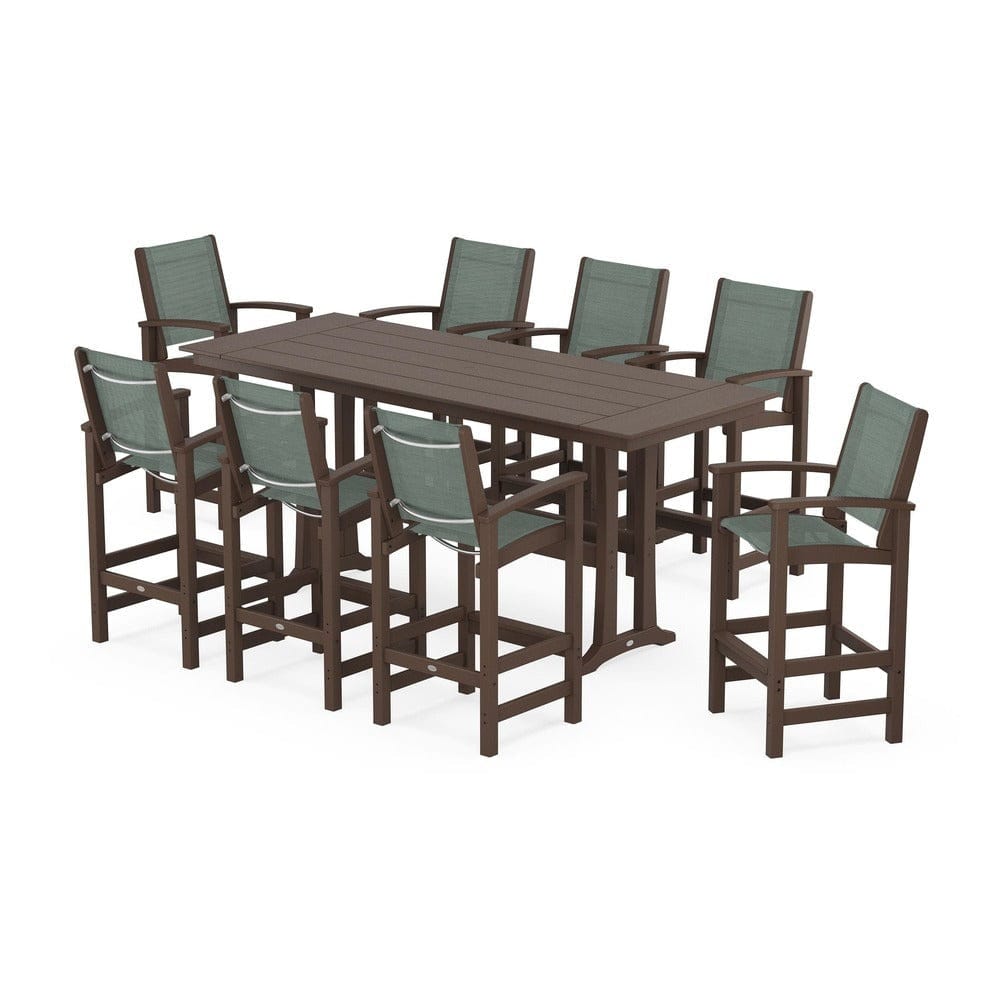 POLYWOOD® Outdoor Furniture Mahogany / Dupioni Sea Mist Sling POLYWOOD® - Coastal 9-Piece Farmhouse Bar Set with Trestle Legs - PWS1915