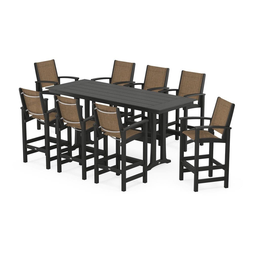 POLYWOOD® Outdoor Furniture Black / Burlap Sling POLYWOOD® - Coastal 9-Piece Farmhouse Bar Set with Trestle Legs - PWS1915