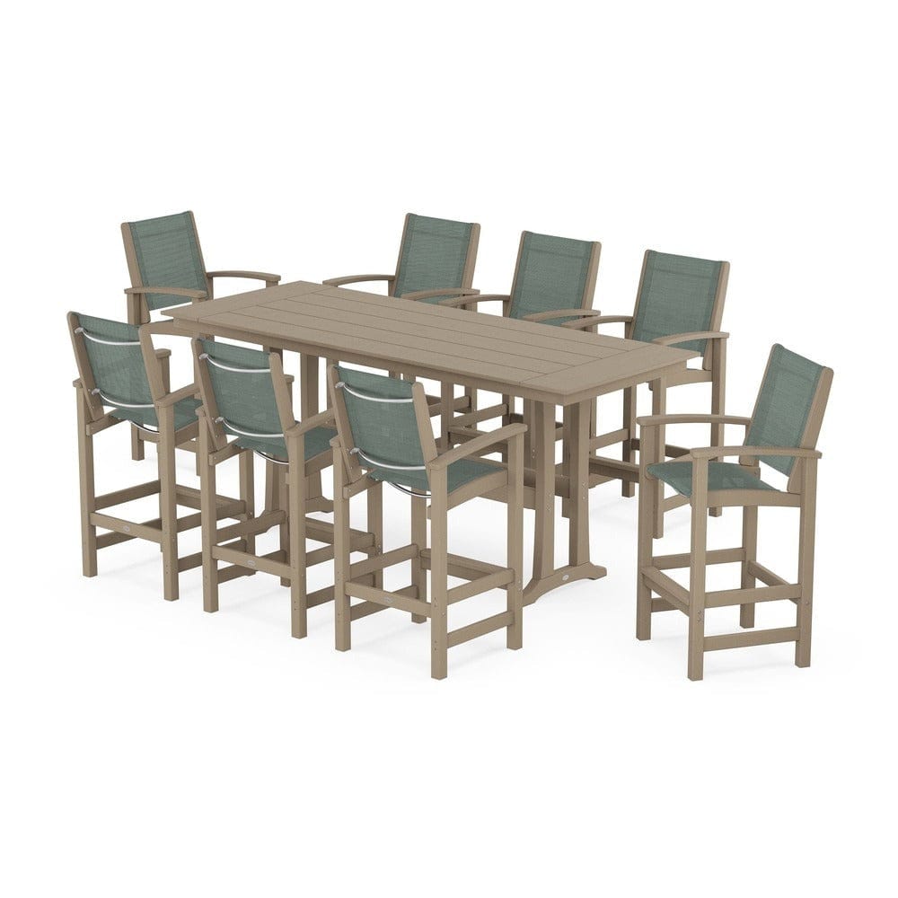 POLYWOOD® Outdoor Furniture POLYWOOD® - Coastal 9-Piece Farmhouse Bar Set with Trestle Legs - PWS1915