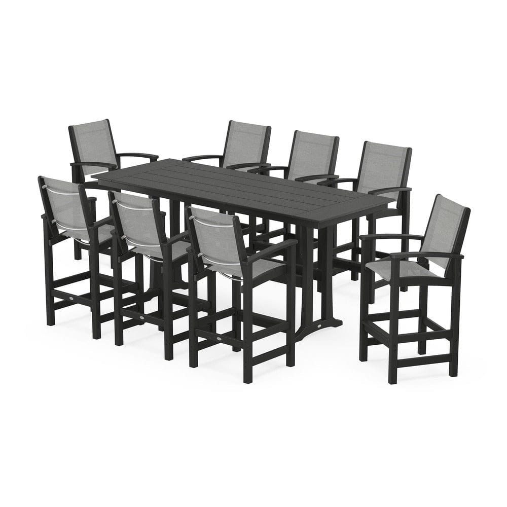 POLYWOOD® Outdoor Furniture Black / Metallic Sling POLYWOOD® - Coastal 9-Piece Farmhouse Bar Set with Trestle Legs - PWS1915
